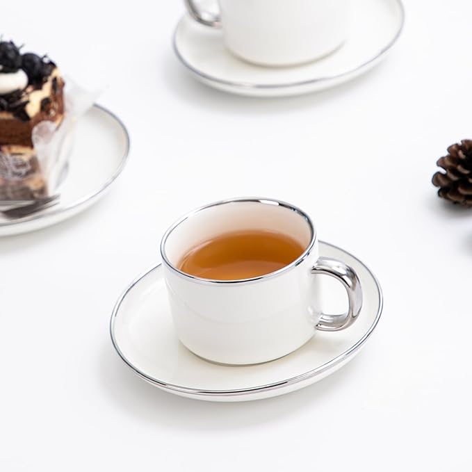 Tea Cups and Saucers with Silver Trim, 6.76 Ounce White Porcelain Tea Set & Coffee Cups for Latte, Cafe Mocha - Set of 4, Porcelain Mugs for Kitchen or Cafe (White and Silver)