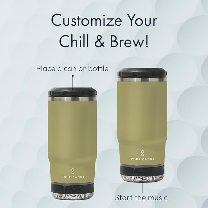 Chill & Brew, Insulated Can & Bottle Holder, Bluetooth Cup with Speaker, Fits 12 oz Cans, Skinny Cans, Most Bottles & Cold Drinks, Sandstone