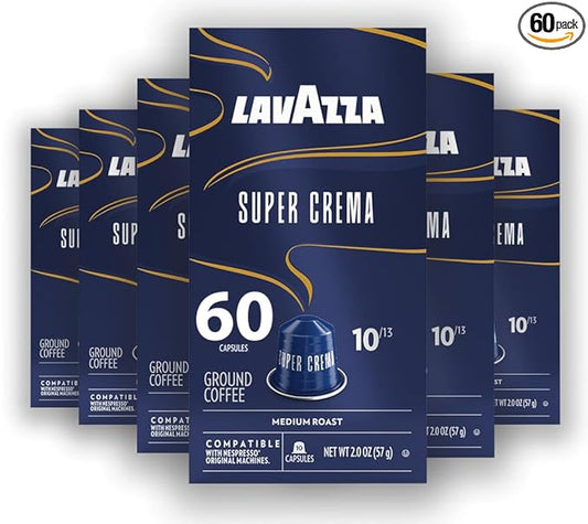 Lavazza Super Crema Aluminum Capsules Compatible with Nespresso* Original Machines, Medium Roast, Arabica and Robusta Blend (60 Capsules)