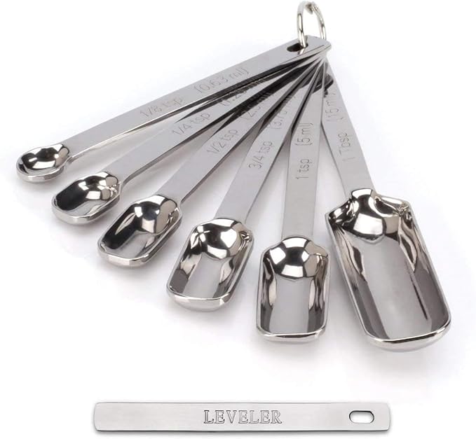 2lbDepot Measuring Spoons Set of 7 Includes Bonus Leveler, Premium, Rust Proof, Heavy Duty, Chrome Plated, Stainless Steel Metal, Narrow, Long Handle Design fits into Spice Jars