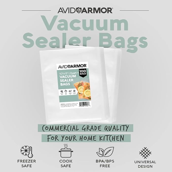 Avid Armor Vacuum Sealer Bags QUART PLUS Size 10"x13" 100 Pack for Food Saver and Seal A Meal Vac Sealers BPA Free Commercial Grade Sous Vide Vaccume Safe, Heavy Duty Universal Precut Storage Bag