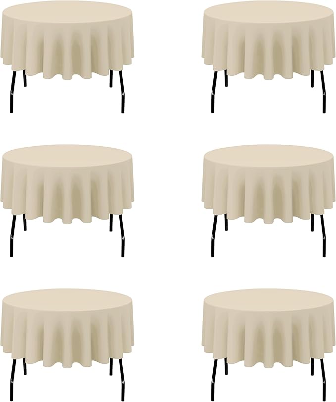 BRILLMAX 6 Pack Beige 70 Inch Round Tablecloths Fit 30" to 54" Tables (8-20" Drop) - Circle Bulk Linen Polyester Fabric Washable Cloth Cover for Wedding Reception Banquet Birthday Party Buffet