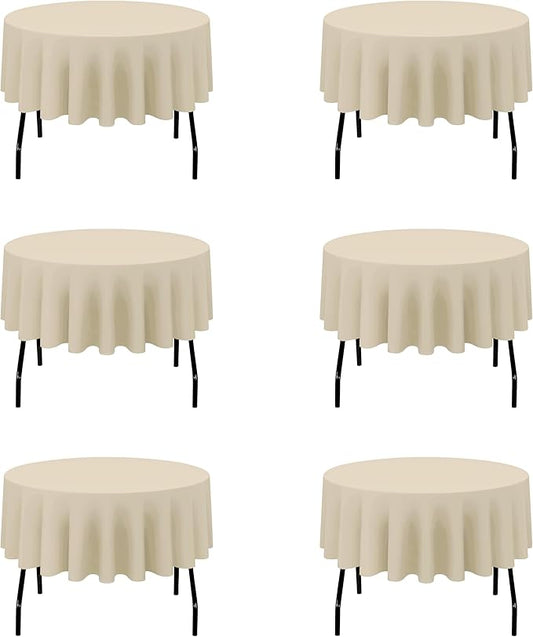 BRILLMAX 6 Pack Beige 70 Inch Round Tablecloths Fit 30" to 54" Tables (8-20" Drop) - Circle Bulk Linen Polyester Fabric Washable Cloth Cover for Wedding Reception Banquet Birthday Party Buffet