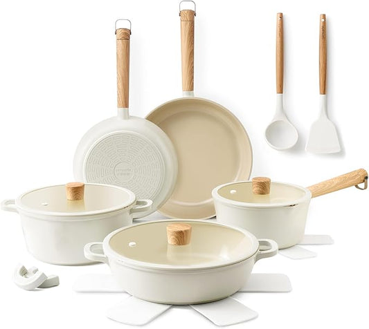 SENSARTE Ceramic Nonstick Cookware Set Non-toxic Healthy Pots and Pans Set Ceramic Coated Kitchen Cooking Set, Free of Intentionally Added PFAS/PTFE, Dishwasher&Oven Safe, Induction Compatible, 15pcs