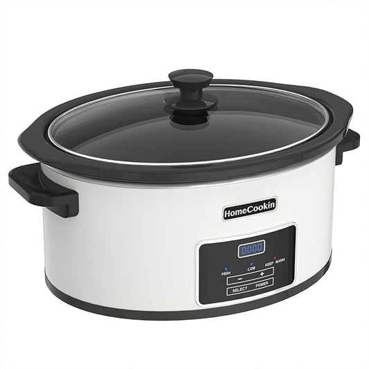 6-Quart Programmable Slow Cooker with Timer Keep Warm - Small Kitchen Appliance for Family Dinners - Serves 6+ People - Heat Settings: Keep Warm(White, Black Liner)