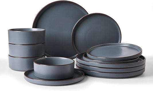 Famiware Nebula Ridge Stoneware Dinnerware Sets, Plates and Bowls Sets for 4, 12 Pieces Dishes Set, Microwave and Dishwasher Safe Kitchen Plates, Charcoal