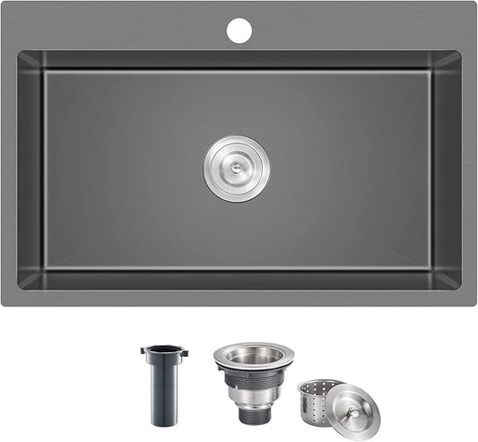 28x18 inch Drop in Kitchen Sink Black - 18 Gauge Top mount Bar Sink Single Bowl, 9 inch Deep Stainless Steel Overmount Sinks Handmade with Strainer