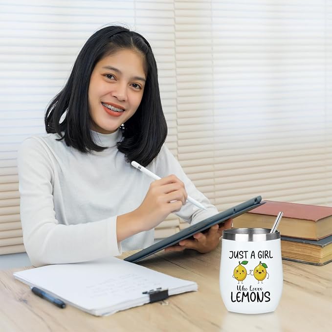 Funny Lemon Gifts, Cute Lemon Lovers Gift, Wine Tumbler Insulated Wine Glasses 12 oz Tumbler with Lid for Women Fruit Lover Girls Bestie Daughter Best Friend Sister Birthday Friendship Christmas