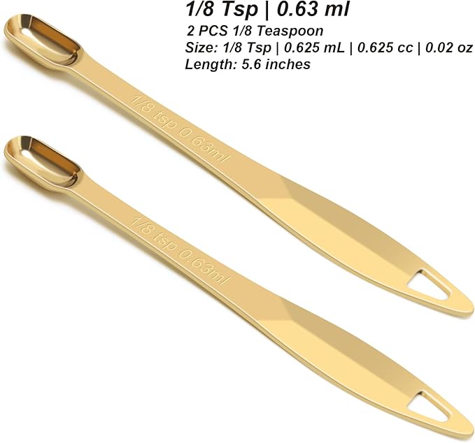2 Pcs 1/8 Teaspoon (0.63 mL | 1/8 Tsp | 0.63 cc | 1/64 oz) Stainless Steel Single Measuring Spoon, Long Handle Metal Measuring Spoon, Kitchen Gadgets for Cooking & Baking(Gold)