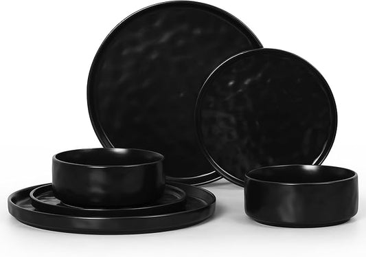 LIANYU Dinnerware Dishes Sets for 2, 6 Piece Stoneware Plates and Bowls Dishware Set, Ceramic Dinning Ware Includes Dinner Salad Plates, Cereal Bowls, Chip & Scratch Resistant, Obsidian Matte Black