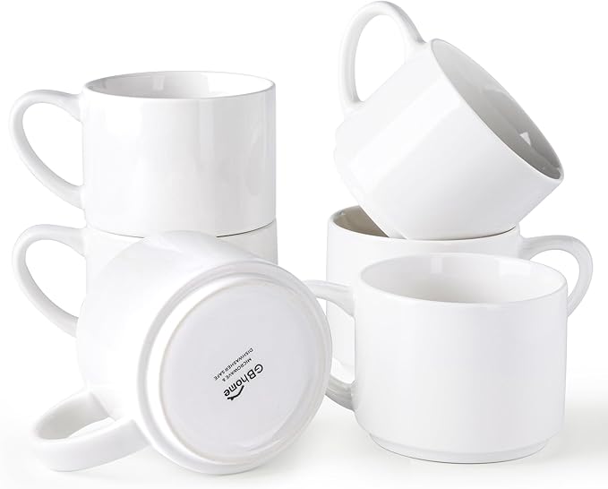 GBHOME 14 OZ Coffee Mugs Set of 6, Stackable Ceramic Mugs for Men, Women, Modern Coffee Mugs With Stable Base for Latte,Tea,Cappuccino. Dishwasher & Microwave Safe, White