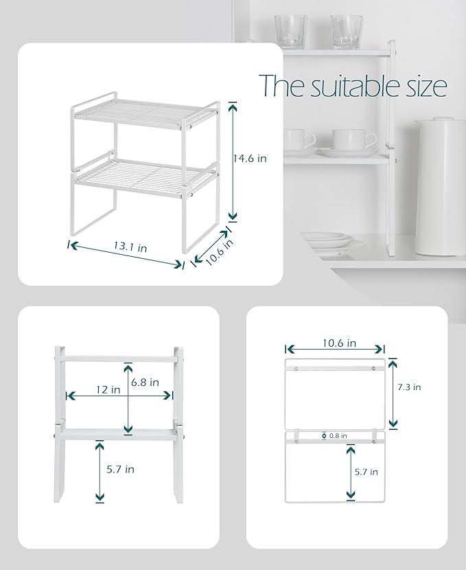 2Pack Kitchen Cabinet Shelf Counter Organizer Rack Pantry Storage Bathroom Bedroom Office Table Desk Space Saving Stackable Rust Resistant Non Slip White Wide L13.1in W10.6in H7.3in