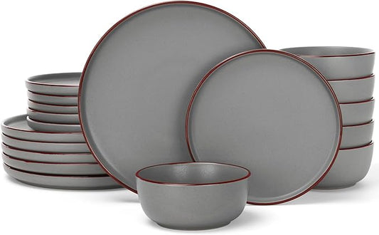 Famiware Mercury Plates and Bowls Sets, 18 Pieces Stoneware Dinnerware Sets, Dishes Set for 6, Microwave and Dishwasher Safe, Dark Grey