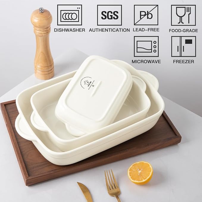 Sweejar Casserole Dishes for Oven, Ceramic Bakeware Set of 3, Lasagna Pan Deep with Handle, Rectangular Baking Pan Set, 9x13 Baking Dish for Cooking, Banquet and Daily Use (Beige)