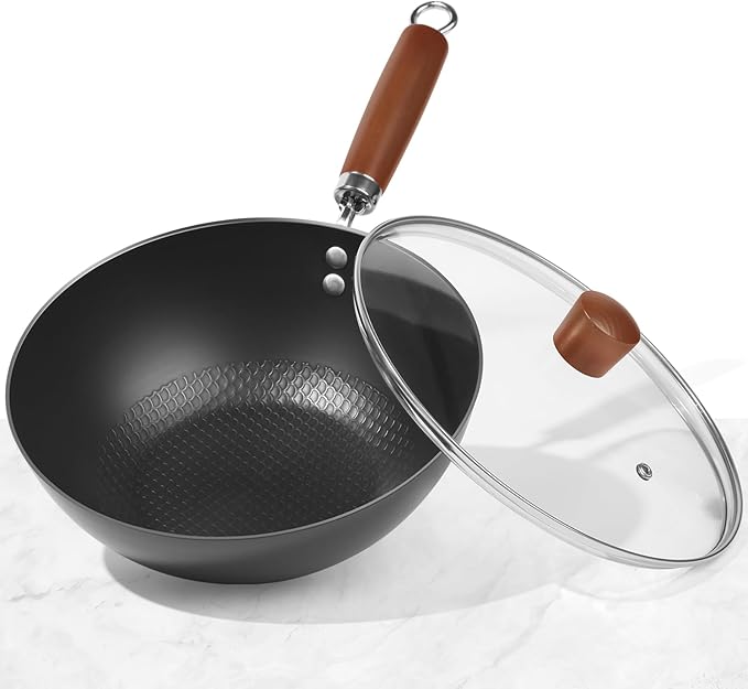 Carbon Steel Wok Pan, 10.5" Authentic Chinese Stir-Fry Pans Set with Glass Lid, 1.87lb Lightweight Flat Bottom Small Wok for 2-3 Servings