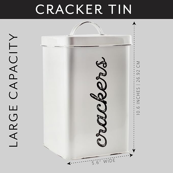 AuldHome Design Rustic White Cracker Tin; Square Enamelware Classic Cracker Canister