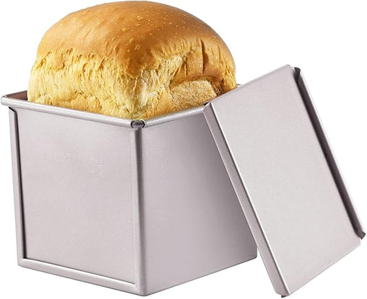 CHEFMADE Mini Pullman Loaf Pan with Lid, 0.55Lb Dough Capacity Non-Stick Rectangle Flat Toast Box for Oven Baking 3.9" x 3.9"x 3.9"(Champagne Gold)