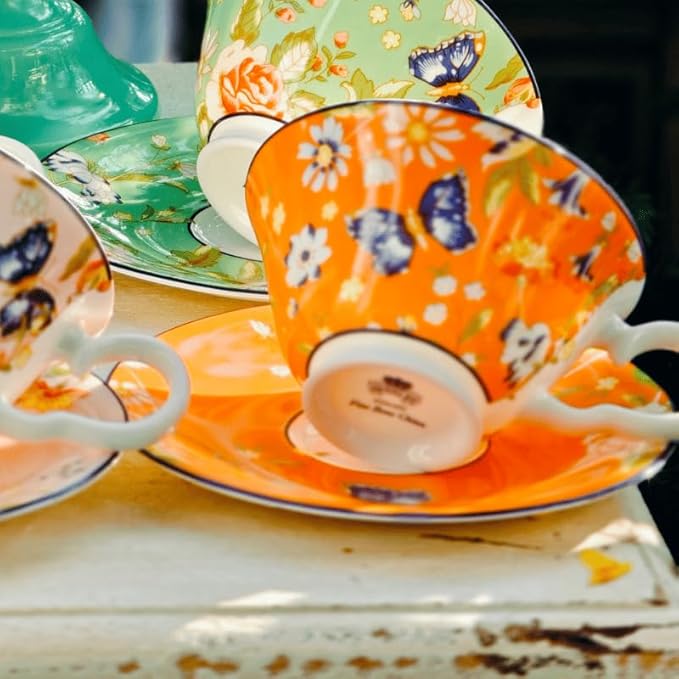 Aynsley Cottage Garden Windsor Fine Bone China English Tea Cup and Saucer Set, 7.4 oz (Orange)