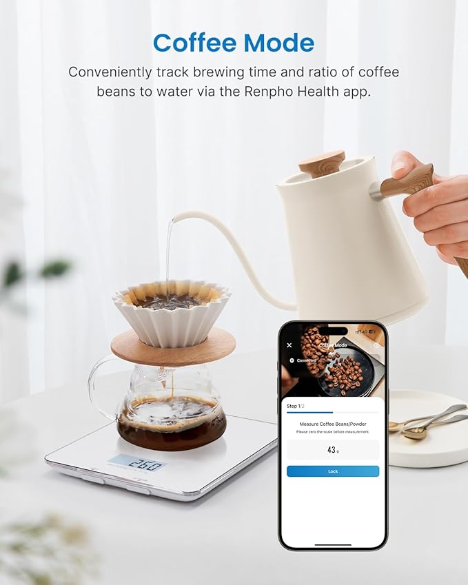 RENPHO Food Scale with Nutritional Calculator, Digital Kitchen Scale for Weight Loss, Smart Food Weight Scale with App for Macro Keto Calorie Cooking, Grams and Ounces, White, 11lb/5kg