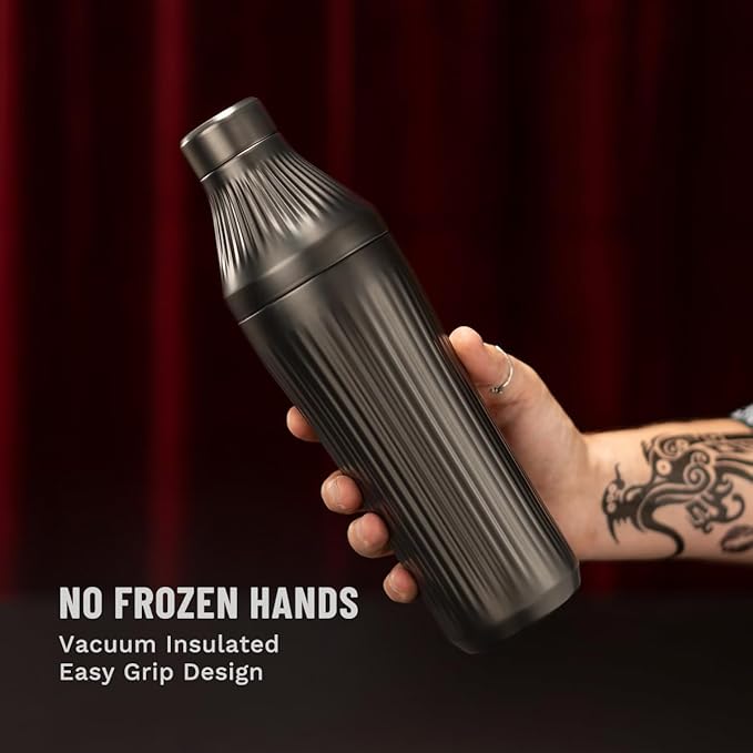 Elevated Craft Diamond Edition Hybrid Cocktail Shaker Set - Premium Vacuum Insulated Gunmetal Black, 28 oz, Includes Built-In Strainer, Precise Measuring Top & XL Polishing Cloth - Martini Shaker