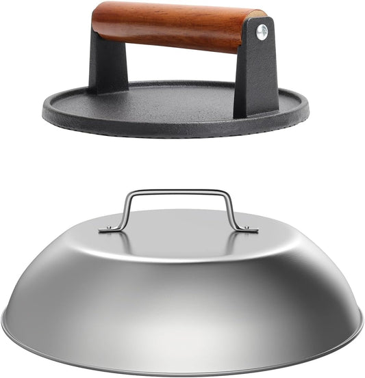 SafBbcue Round Cast Iron Smash Burger Grill Weight Press Tool & Griddle Steamer Melting Dome 12" Round Stainless Steel Basting Cover for Blackstone Griddle, Griddle Food Cover Dome for Flat Top Grills