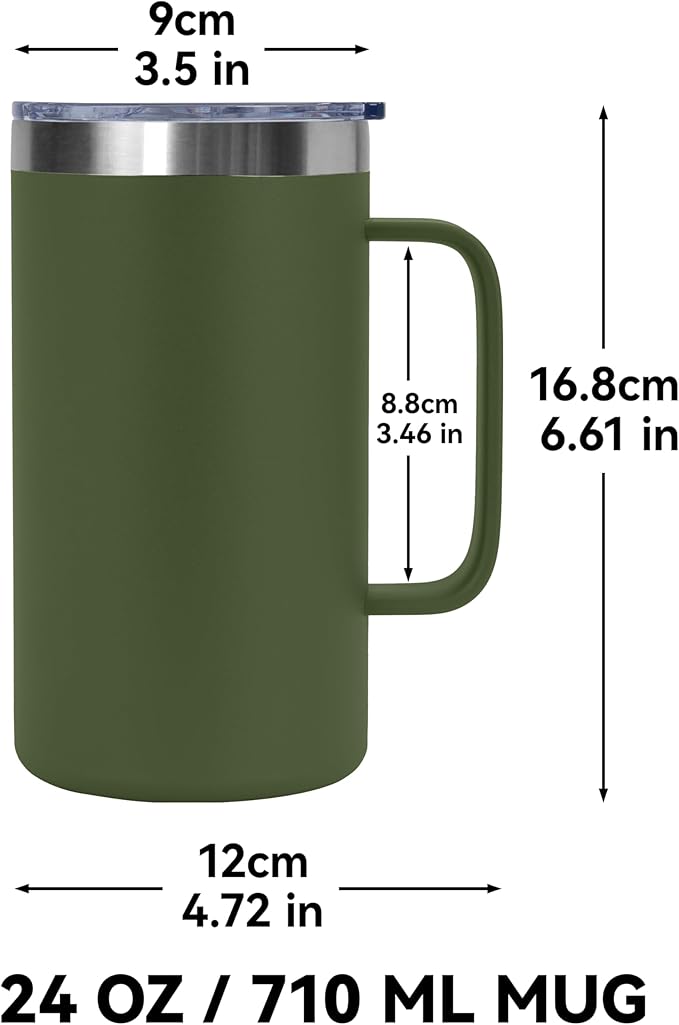 DOMICARE 24oz Mug with Handle and Lid, Stainless Steel Coffee Mug, Travel Mug with Handle, Double Wall Vacuum Coffee Tumbler, Reusable Insulated Cup, Army Green, Pack 4