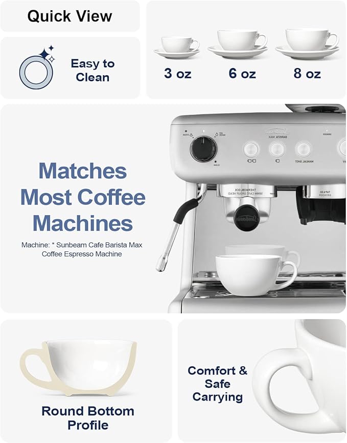 LE TAUCI 3 oz Espresso Cups with Saucers, Demitasse Coffee Cup for Shot, Lungo, Ristretto - 3 inch, Set of 4, White