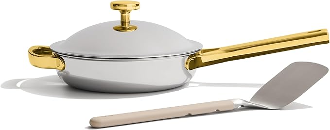 Our Place Titanium Mini Always Pan Pro - 8.5” (1.48 Qt) No-Coating Nonstick Skillet | Tri-Ply Titanium & Stainless Steel | Safe for Oven, Induction & Cooktops up to 750°F | Includes Spatula | Gold