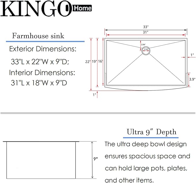 Black Farmhouse Sink 33 Inch,16 Gauge Undermount Single Bowl 304 Stainless Steel Farmhouse Kitchen Sink, 9 Inch Deep Apron Front Gunmetal Black Farm Sink with drain