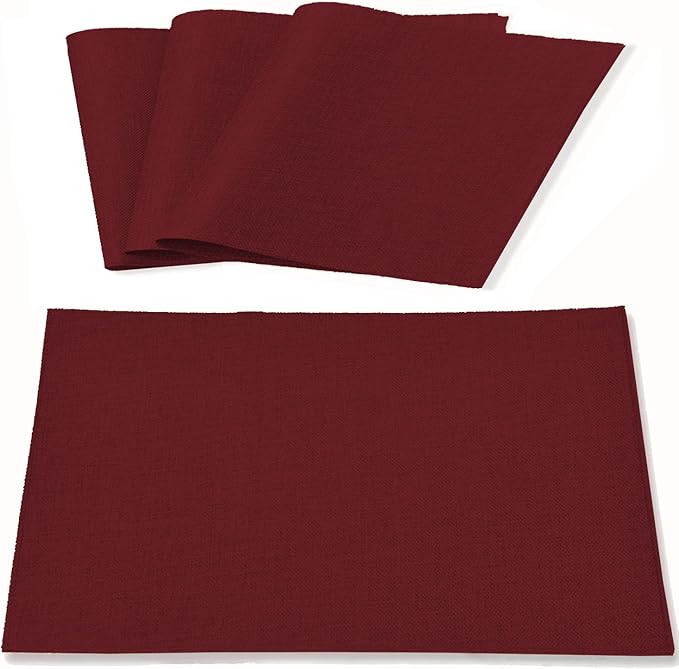 Linen Fabric Placemats Set of 4, Machine Washable, Heat Resistant, Wrinkle Free, Thick Polyester Kitchen Place Mats for Dining Table (Burgundy)