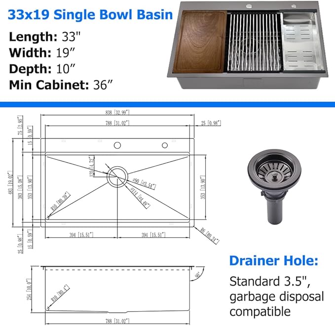 33 Black Drop in Kitchen Sink, 33 x 19 Inch Black Stainless Steel Kitchen Sink Single Bowl 16 Gauge Workstation Top Mount Deep Basin
