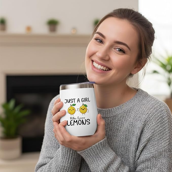 Funny Lemon Gifts, Cute Lemon Lovers Gift, Wine Tumbler Insulated Wine Glasses 12 oz Tumbler with Lid for Women Fruit Lover Girls Bestie Daughter Best Friend Sister Birthday Friendship Christmas