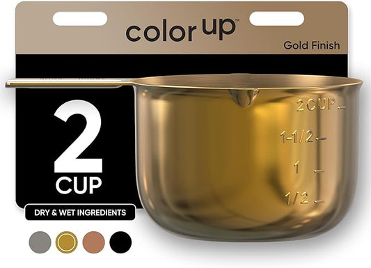 Color Up 2 Cup Measuring Cup, 480ml Gold Stainless Steel Metal Measuring Scoop, Easy-Pour Spouts, Engraved Markings, for Dry & Liquid Ingredients