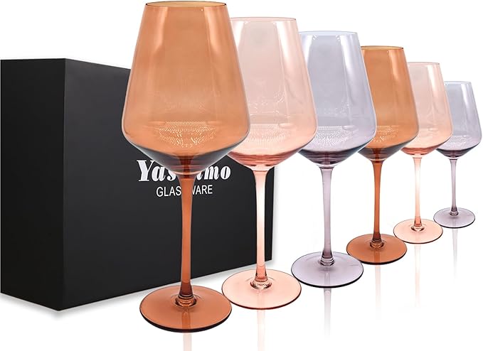 Colored Wine Glasses Set of 6, 19.5oz Stemmed Amber Wine Glasses, Brown Colorful Large Glasses with Long Stem, Hand-Blown, Ideal Gift For Daily Use, Special Occasions, Wedding, Anniversary