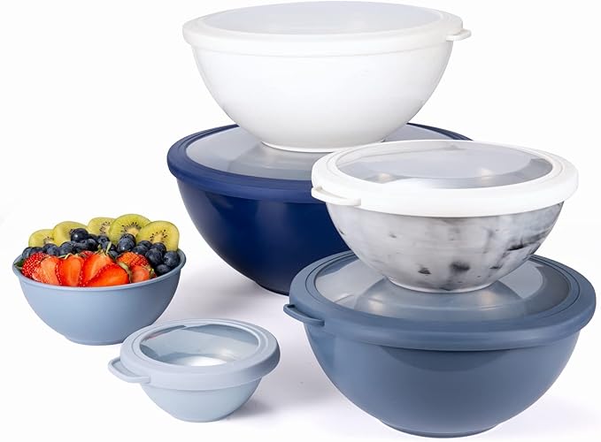 COOK WITH COLOR Mixing Bowls with TPR Lids - 12 Piece Plastic Nesting Bowls Set includes 6 Prep Bowls and 6 Lids, Microwave Safe Mixing Bowl Set (Blue and White)