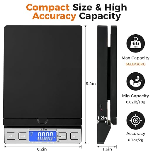 Digital Shipping Postal Scale, Mail Scale with Envelope Flip Holder, 66lb/0.1oz Postage Scale for Package, Small Business, Post Office, Hold&Tare Function, Battery&Type-C Charging Cable - Black