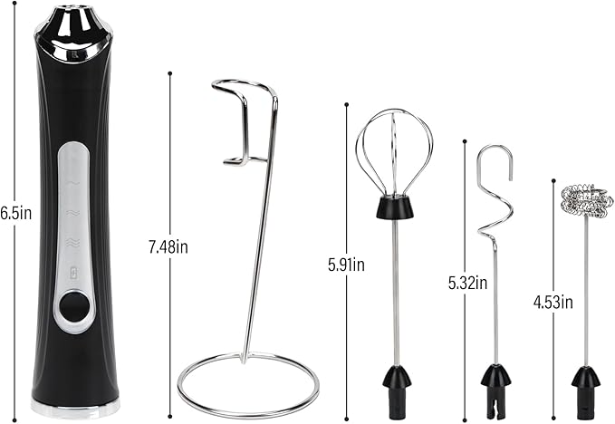 Rechargeable Milk Frother with Stand - 3 Speed Adjustable Electric Whisk, 3 Detachable Stainless Steel Heads for Latte, Cappuccino, Matcha, Egg(Black)