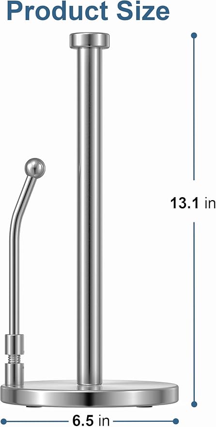 SMARTAKE Paper Towel Holder, Paper Towel Dispenser Standing Weighted Base Non Slip, Spring Arm for Easy Tear, Stainless Steel Paper Towel Holder for Home Kitchen Countertop Tabletop, Silver