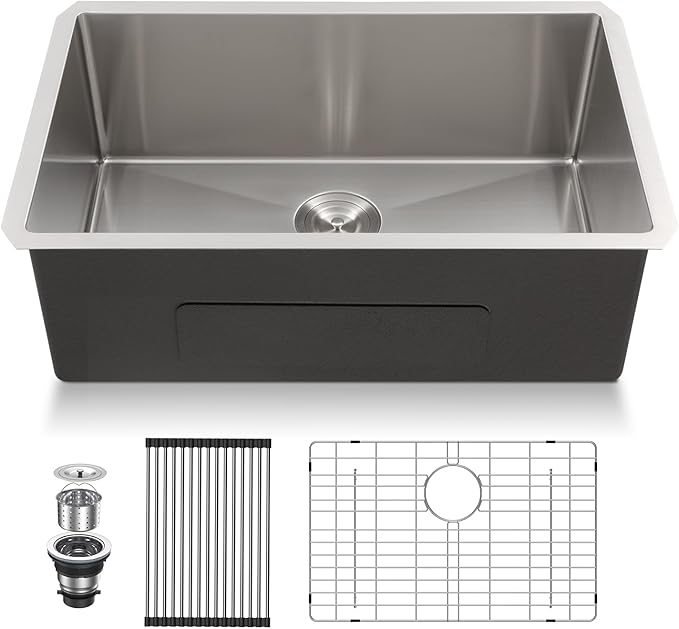 Lordear 26 inch Undermount Kitchen Sinks Stainless Steel Single Bowl Kitchen Sink Undermount 16 Gauge 10" Deep Basin 26x18 In Under Counter Sinks