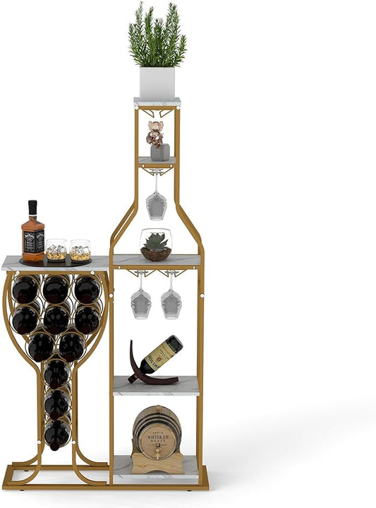 5-Tier Wine Rack Freestanding Floor, 11 Bottles Modern Wooden Wine Holder-Storage Cabinet for Home Bar, Kitchen, Dining Room Space Saving Bar Stand with Easy Assembly.(Gold/White)