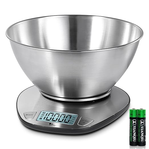 himaly Food Scale - Digital Kitchen Scale with Bowl & LCD Dipslay Scale Weight Grams and Oz for Cooking, Baking, and Meal Prep, Stainless Steel Silver