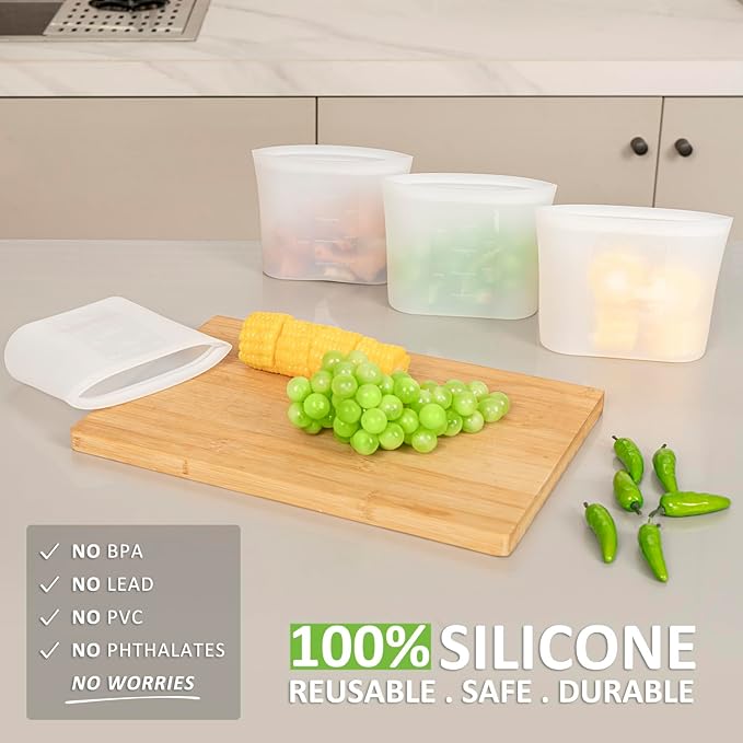 Reusable Snack Bags, 4 Pack, Stand Up 100% Silicone Reusable Storage Bag, Ziplock Silicone Food Storage Containers Snack Size, Freezer Microwave Oven Dishwasher Safe, Translucent, 16oz