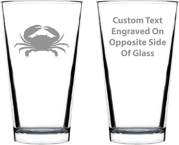 Custom Crab Pint Glass for Beer - Beach Themed Decor and Gifts for Ocean Lovers - Engraved Silhouette - 16 Oz Glasses