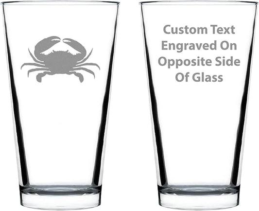 Custom Crab Pint Glass for Beer - Beach Themed Decor and Gifts for Ocean Lovers - Engraved Silhouette - 16 Oz Glasses