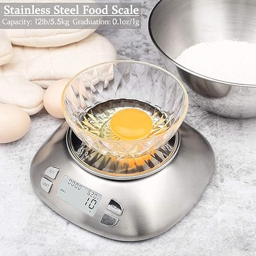 Digital Kitchen Scale with Removable Bowl 2.5L Volume, Electronic Stainless Steel Food Scale for Cooking Baking, Room Temperature, Alarm Timer, 12lb 5.5kg, Batteries Included