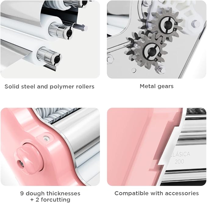 PASTALINDA Classic 200 Pasta Maker Machine, 20 cm Wide Rollers, 9 Thickness Positions, 2 Cutting Positions, Stainless Steel. Includes Reinforced Hand Crank And Two Clamps