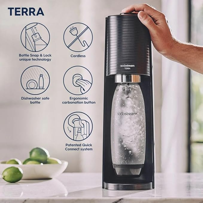 SodaStream Terra Sparkling Water Maker (White) with CO2, DWS Bottle and Bubly Drop