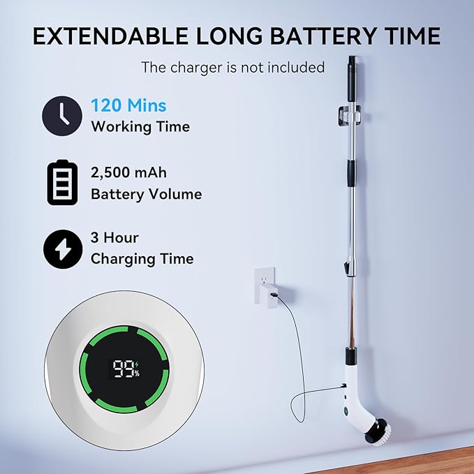 Electric Spin Scrubber, Cordless Cleaning Brush Scrubber with Battery LCD Display for Bathroom, Kitchen and Home, Adjustable Extension Handle, Full Body Waterproof IPX7, 8 Replaceable Brush Heads