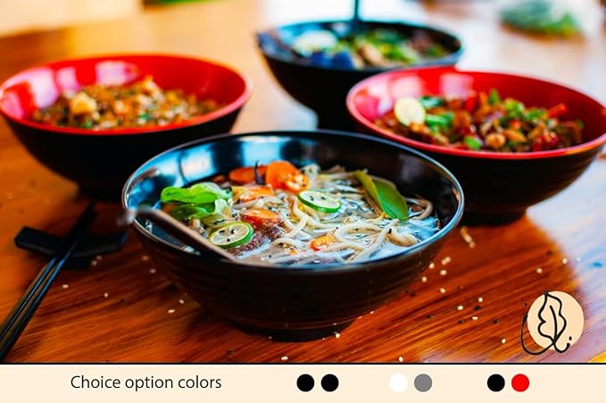 4 Ramen Bowls, 12 pieces Pho set. All Black Asian Japanese soup. Utensil: Spoons And Chopsticks kit. Melamine. Large 37 oz. Noodles, Rice, Udon, Thai, Chinese, Korean, Wonton, Miso