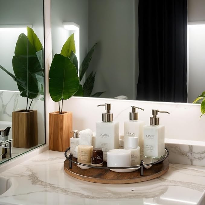 Wooden Lazy Susan Turntable Organizer for Cabinet, Table Top, Kitchen, Pantry, Bathroom, Vanity Countertop, Rotating Wood Lazy Susans Rack for Condiment, Seasoning, Spice Storage Organization(Round)